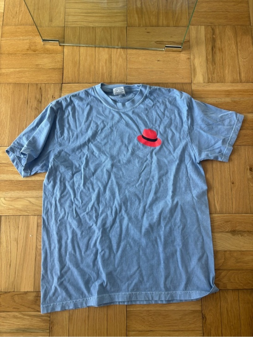 Comfort Colors Light Blue Tee with Small Red and Black Hat Print